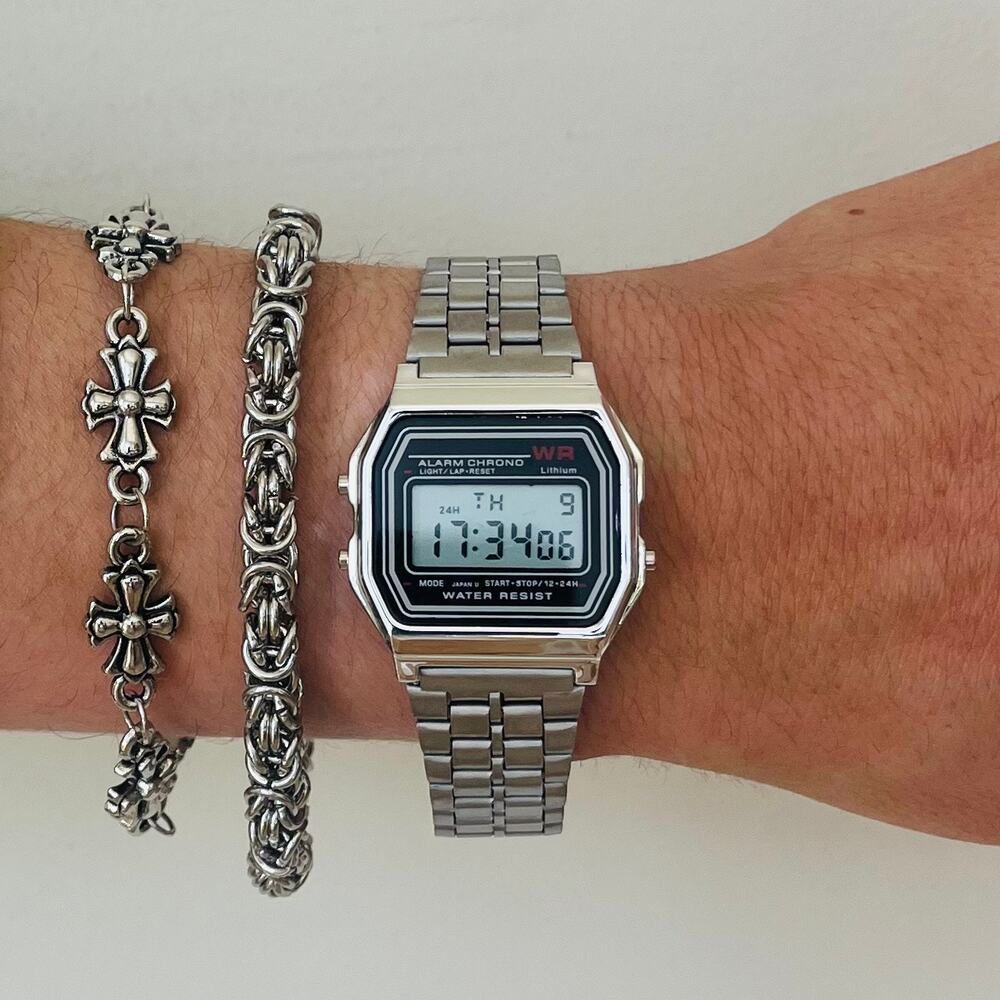 y2k, 2000s vintage retro style silver stainless steel, digital watch, adjustable